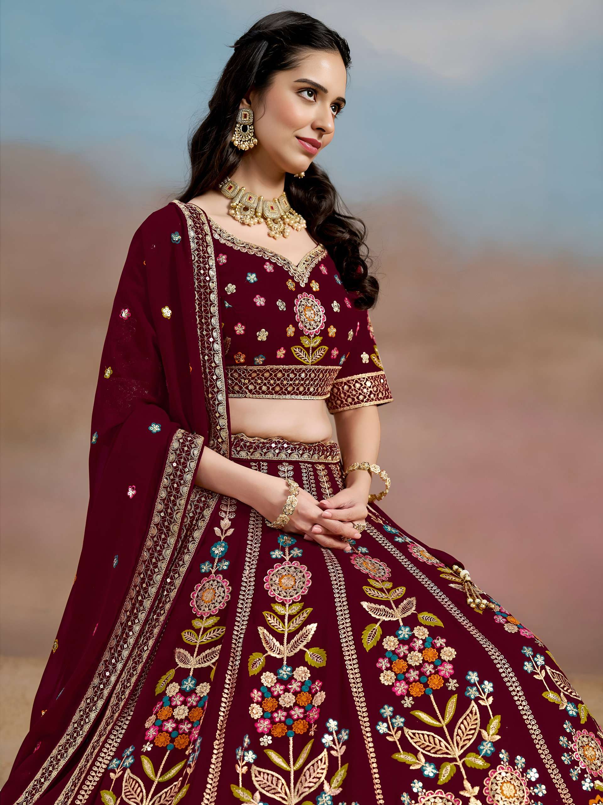 Regal Maroon Multicolor with Floral and Georgette fabric with Embroidered Lehenga Choli 6008 Maroon 